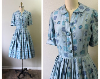 Vintage 50s Dress, Beautiful Blue 1950s Abstract Fine Cotton Asian Novelty Print Silk Day Dress circle skirt // Modern Size US 4 6 Small