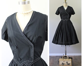 Vintage 1950s Beautiful NOS Unworn Black White whip Stitching Cotton Day Dress Vintage Sears pinup girl // US 2 4  xs s