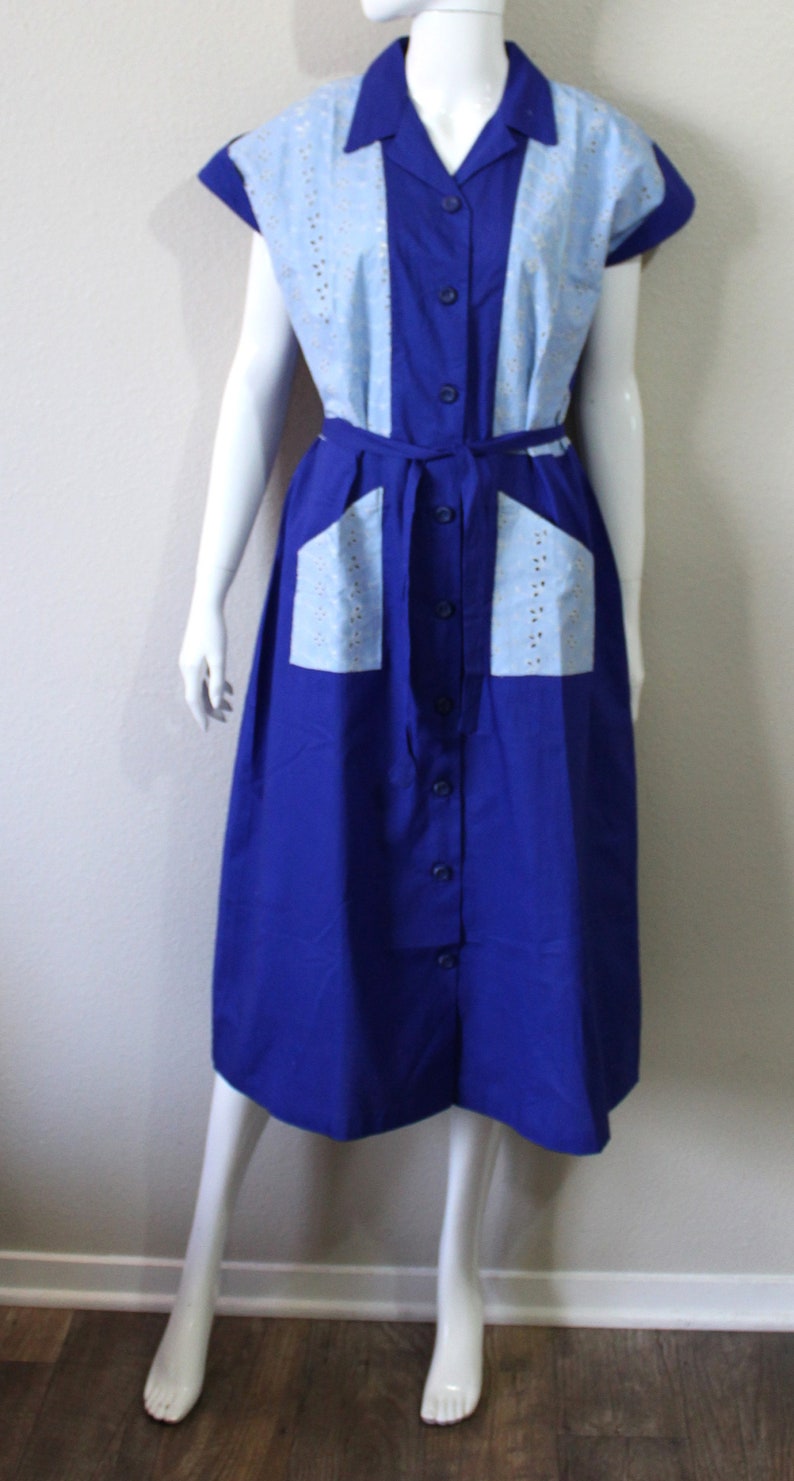 1940s 50s Cotton Dress Volup Blue cotton Eyelet Color Block Vtg sz 20 Atomic New Old Stock // US 10 12 14 large XL image 2