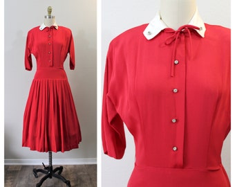 Vintage 1940s 50s Red Rayon Drop Waist Pleated Full Skirt Rhinestone Buttons Dress  // Modern Size US 0 2  xs Small