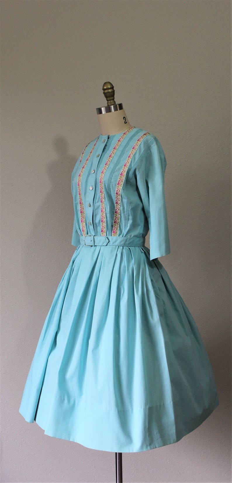Vintage 50s Serbin of Florida Aqua pink rose Ribbon Cotton Rockabilly PinUp Bombshell Sun Dress Modern Size s m 6-8 Pinup Girl