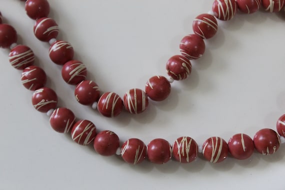 Vintage 40s coral Red white beaded celluloid gala… - image 1