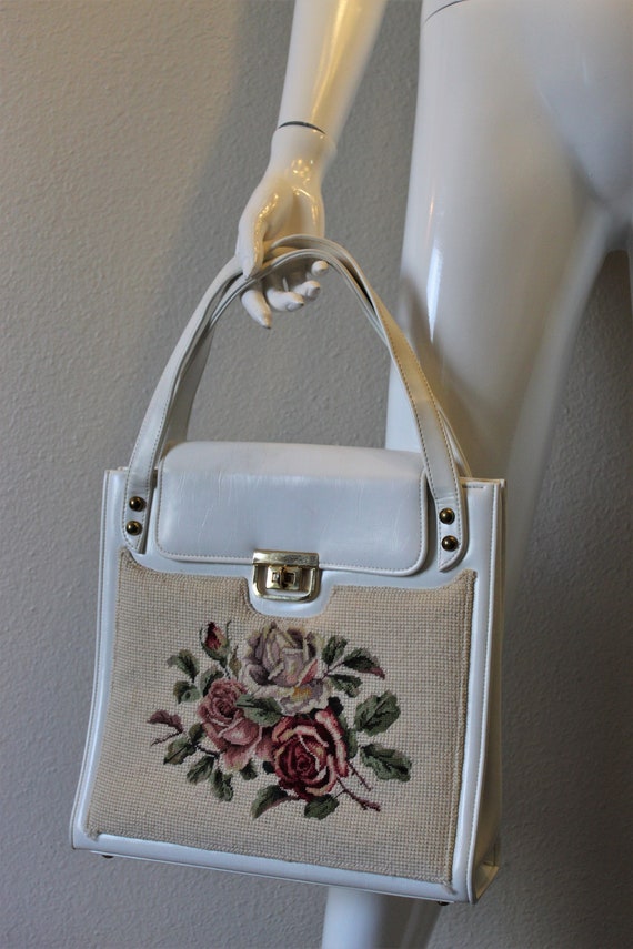 Vintage Handmade Beaded Bag Purse French? Floral Rose Print Cream Pink