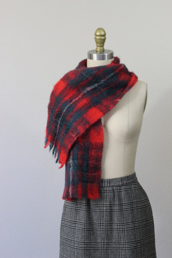 Vintage 1960s 70s Red Mohair Plaid Scotland Scarf 