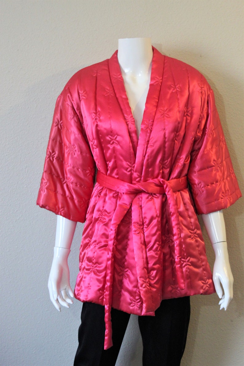 Vintage 50s 60s Rhapsody Hot pink Black Hollywood Pajama Quilted kimono Robe Lounge Set // Modern Size US 0 2 4 xs Small image 4