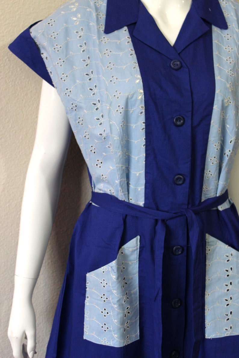 1940s 50s Cotton Dress Volup Blue cotton Eyelet Color Block Vtg sz 20 Atomic New Old Stock // US 10 12 14 large XL image 7