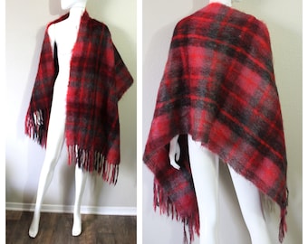 Vintage 1950's 60's Large Burgundy Plum Gray Plaid Mohair woven wool fringe Shawl Wrap cape Donegal // One Size