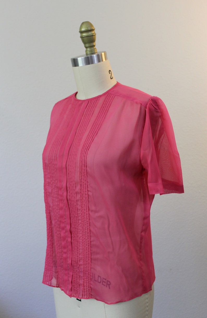 Vintage 1950s Dark Rose Pink Sheer Nylon Button Back Blouse short sleeve Shirt top pinup // Modern Size US 4 6 image 4