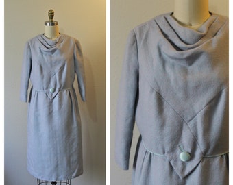 Vintage 1960s Mod Tailor Ko Hong Kong baby blue pink woven wool drapery collar Dress  // Modern Size US 8 10 Small Med