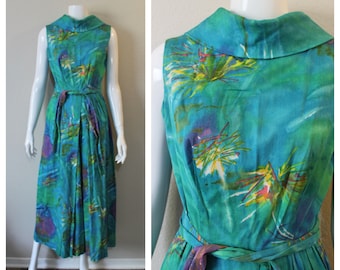 1960s ALICE of CALIFORNIA Jumpsuit Aqua Vibrant Wide Leg Abstract Psychedelic One Piece barkcloth // Modern US 2 4 6