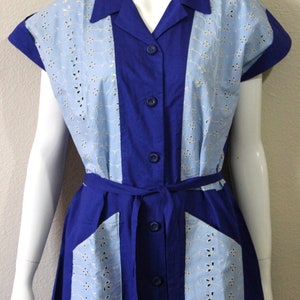 1940s 50s Cotton Dress Volup Blue cotton Eyelet Color Block Vtg sz 20 Atomic New Old Stock // US 10 12 14 large XL image 6