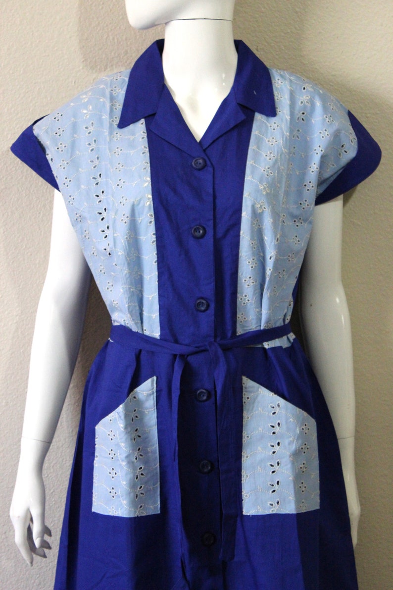 1940s 50s Cotton Dress Volup Blue cotton Eyelet Color Block Vtg sz 20 Atomic New Old Stock // US 10 12 14 large XL image 6