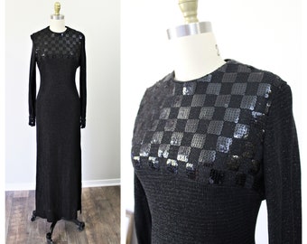 Vintage 1960s 70s  I Magnin California Couture MOD Knit Checker Board Sequin Hollywood Glamour Maxi Dress MCM // US 4 6