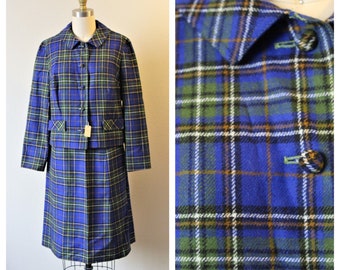 Vintage 1960s Deadstock Blue Green PENDLETON Plaid Jacket Matching Skirt dress set  // School Girl // US 2 4