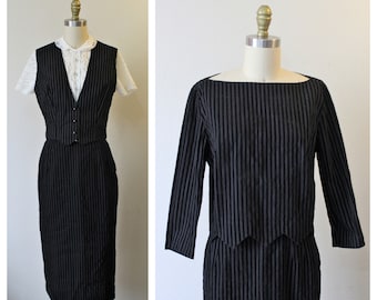 Vintage 1950s 60s Deadstock 3 piece Striped Velvet Pencil Skirt Vest mod shirt wiggle pencil Dress Set JOY STEVENS  // Modern US 0 2 4 xs