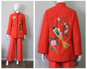 Vintage 1960s Lilli Ann MOD Red Two Piece Embroidered Coat Mandarin Jacket and Matching Pants OOAK  // US 6 8 Medium