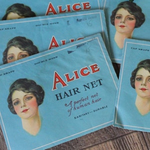 May include: A blue and white package for Alice Hair Net. The package features a woman with dark hair and a white dress. The text on the package reads "Alice Hair Net, A perfect net of human hair, Sanitary-Durable".
