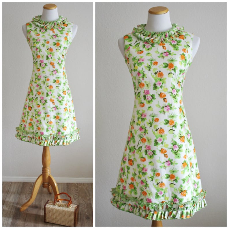 Vintage 60/'s Spring Ruffled Rose Floral Sheath Designer Dress BULLOCKS Wilshire Blvd California Jackie O/' Picnic Wedding
