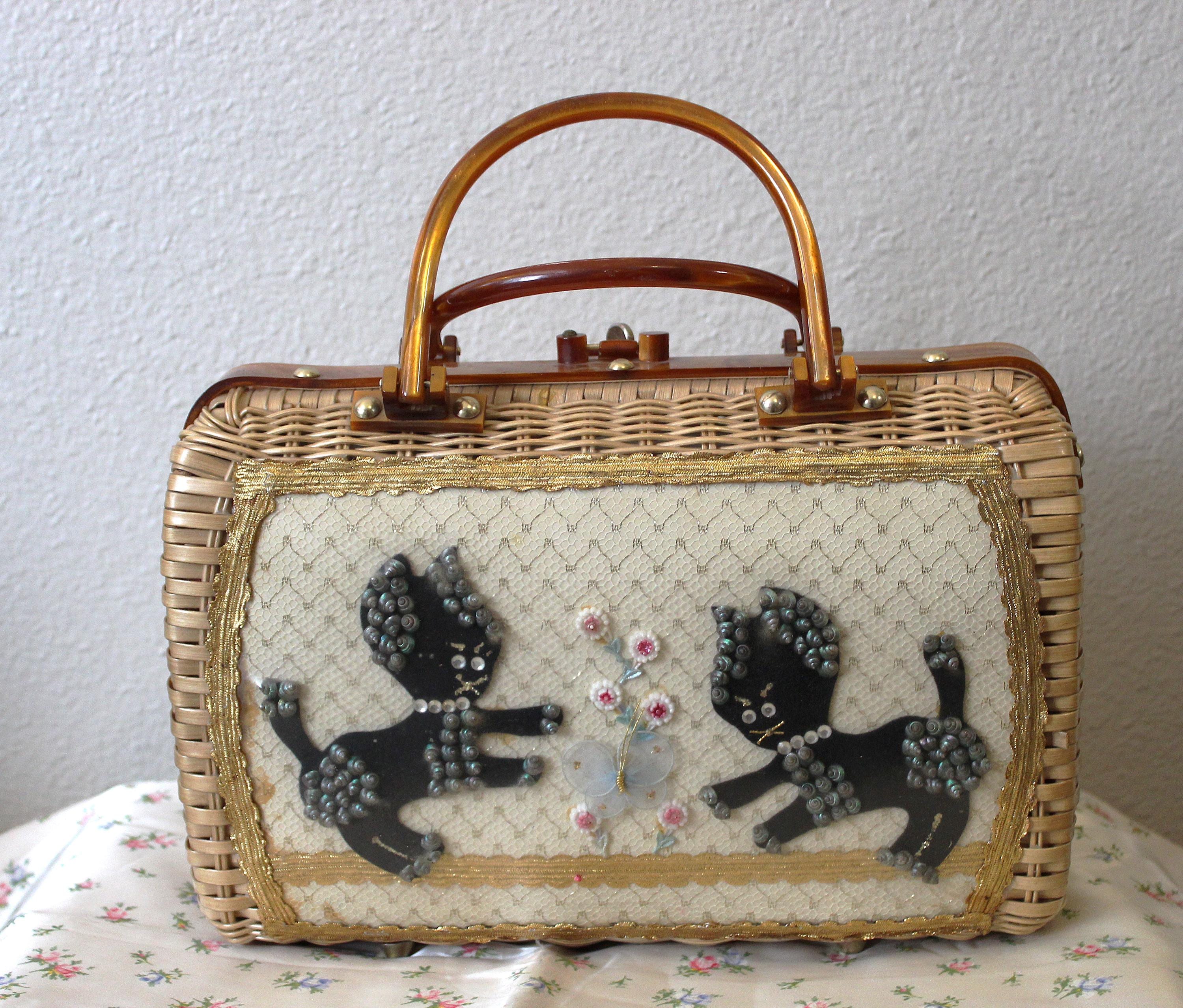 A*.様 50s シードバッグ ヴィンテージ Vintage 1950s 60s Crazy Black Cat Kitten Fight Wicker Sea Shell