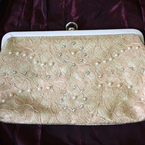 Vintage 1950's Blush rosa encaje perla y pedrería embrague bolso bolso noche evento nupcial