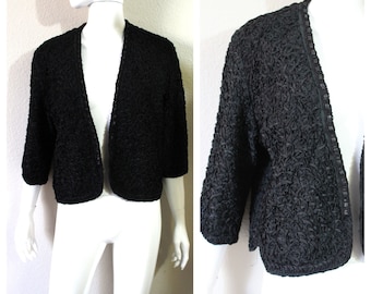 Vintage 1940s 50's Black Rayon Curly RIBBON Soutache Crop bolero sweater shrug Jacket coat cardigan - gorgeous!