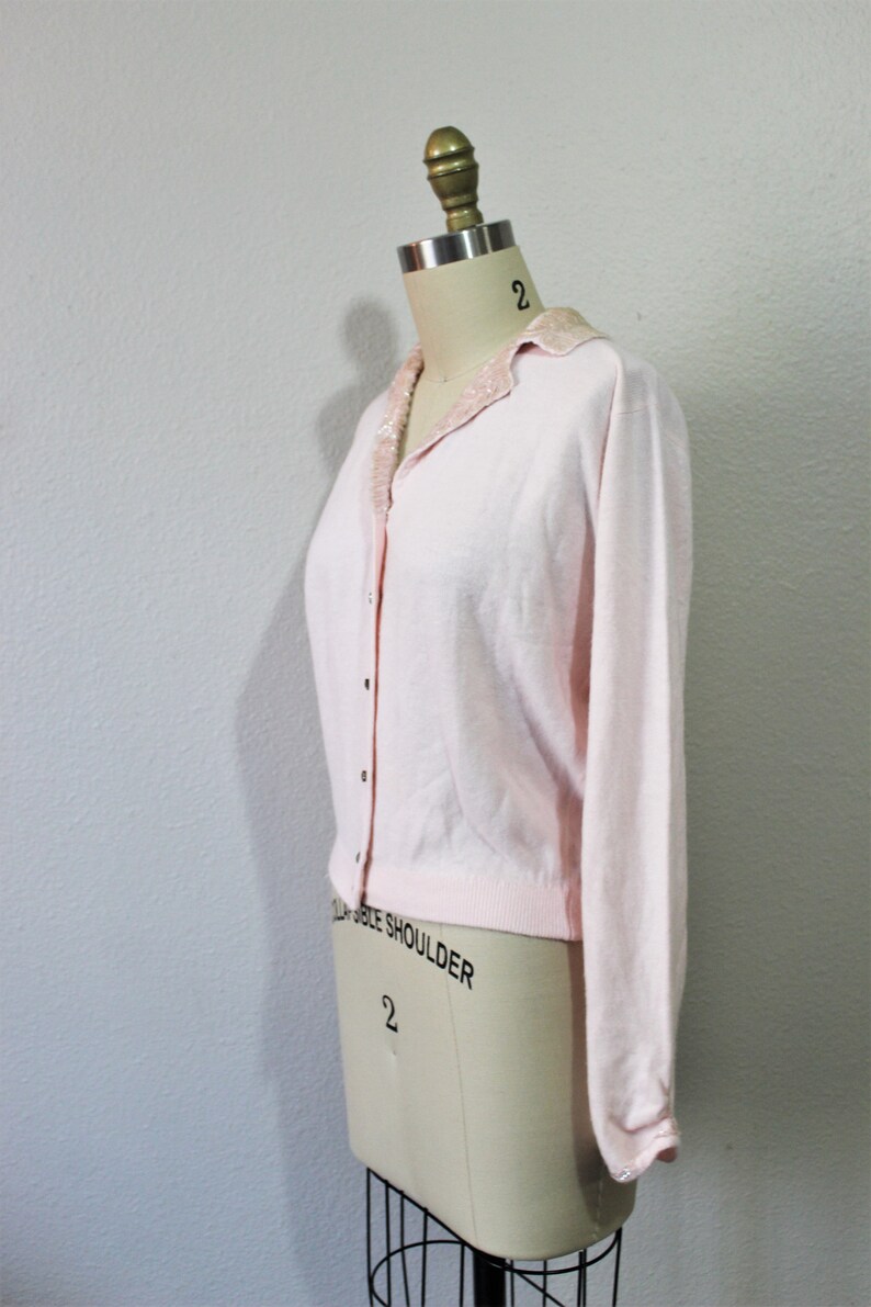 Vintage 1950s 60s Rosanna Light Pink Beaded Collar Cardigan Orlon Pinup Sweater Rhinestone Buttons // Modern Size US 2 4 6 8 Small Med image 6