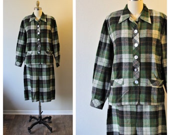 Vintage 1940 40s MINNESOTA WOOLEN CO Green Wool Plaid Jacket & Skirt Set Suit Women // Modern Size 8 10 Med Large