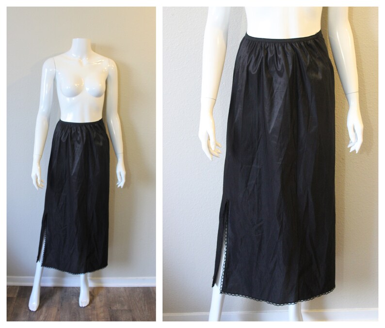 Vintage 50's 60's Vassarette Lingerie Black Lace Half Dress Under Slip Maxi Skirt tricot nylon// xs s zdjęcie 1