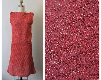 Vintage 60s Coral Red Gold Metallic Hand Knit crocheted sleeveless Top and Skirt Dress set  // Modern Size US 2 4 6 xs Small