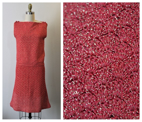 Vintage 60s Coral Red Gold Metallic Hand Knit cro… - image 1