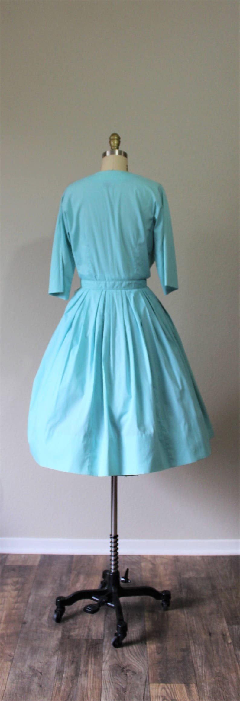 Vintage 50s Serbin of Florida Aqua pink rose Ribbon Cotton Rockabilly PinUp Bombshell Sun Dress Modern Size s m 6-8 Pinup Girl