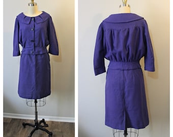Vintage 50s 1950 Purple Blue Houndstooth plaid Wool Suit Jacket Skirt Set Homemade  // Modern Size US 0 2 Extra Small
