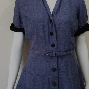 Vintage 40s 1950s Dress / 50s Blue Textured Tiered Day Dress Black Rayon Velvet Trim Button Down // Modern US 6 8 10 Medium Large image 4