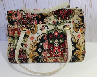 Vintage 1950s 60s Gorgeous Needlepoint tapestry Purse Handbag tote with leather