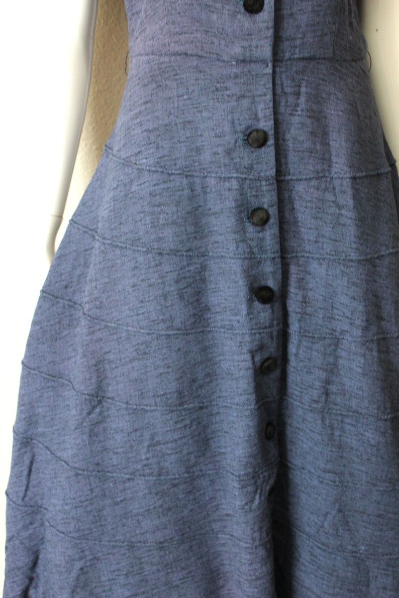 Vintage 40s 1950s Dress / 50s Blue Textured Tiered Day Dress Black Rayon Velvet Trim Button Down // Modern US 6 8 10 Medium Large image 3
