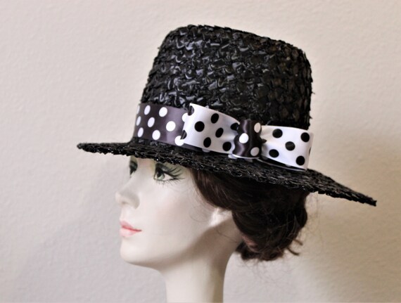 Vintage 1950s 60s Black Straw Wide Brim Summer Hat With  display picture 1
