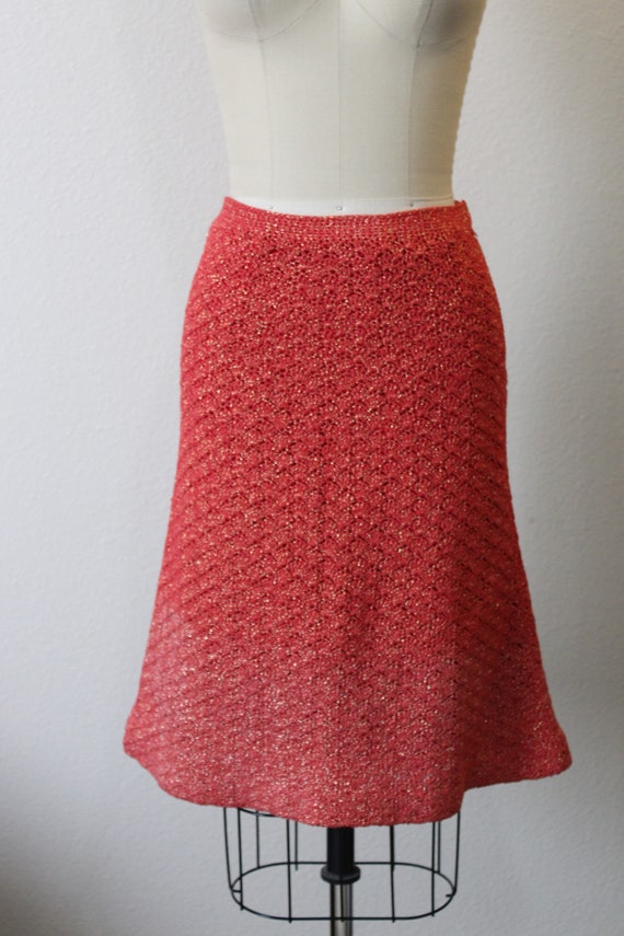 Vintage 60s Coral Red Gold Metallic Hand Knit cro… - image 3