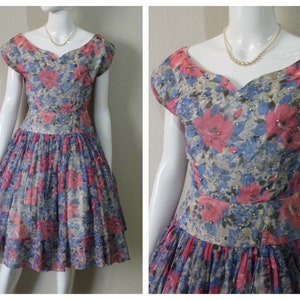 1950s Dress Vintage 50s Chiffon Party Dress with Rhinestones Pearl Embellishment Pink Blue Floral / vtg Fit and Flare Full Circle Skirt image 1