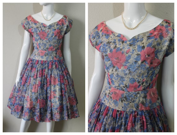 1950s Dress | Vintage 50s Chiffon Party Dress wit… - image 1