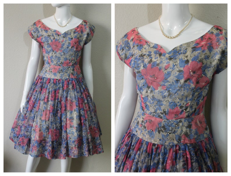 1950s Dress Vintage 50s Chiffon Party Dress with Rhinestones Pearl Embellishment Pink Blue Floral / vtg Fit and Flare Full Circle Skirt image 1