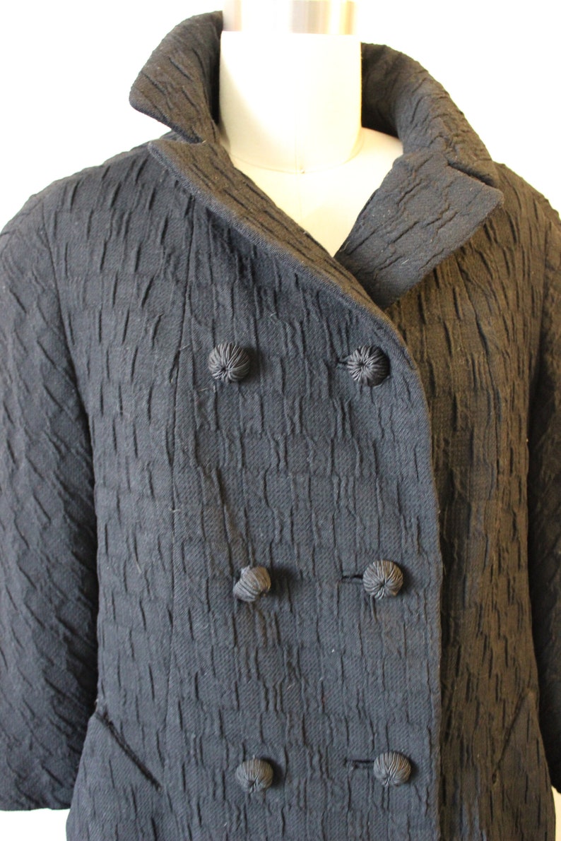 1950s Coat / Vintage 50s Forstmann Double Breasted Black waffle weave Wool Coat warm // US 0 2 4 6 xs s image 6