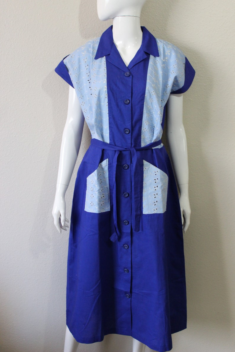 1940s 50s Cotton Dress Volup Blue cotton Eyelet Color Block Vtg sz 20 Atomic New Old Stock // US 10 12 14 large XL image 10