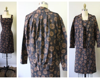 Vintage 1950s Lord & Taylor Brown Wiggle pencil Dress Set  Dress and Fancy Jacket // Modern US 0 2 xs