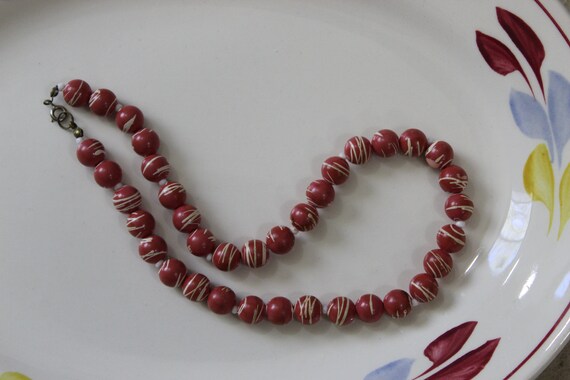 Vintage 40s coral Red white beaded celluloid gala… - image 7