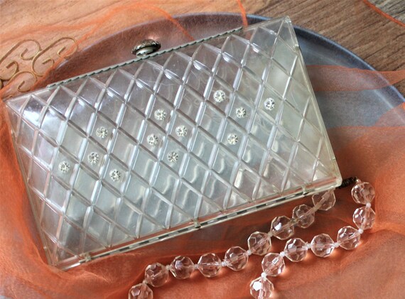 Vintage 1950's 60s Clear Lucite Diamond pattern Rh