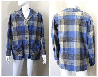 1940 KERRYBROOKE 49s Jacket Blue Gray Wool Plaid coat // Modern Size 8 10 12 14 Med Large XL / Volup