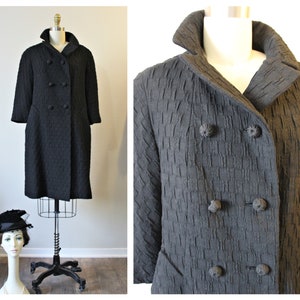 1950s Coat / Vintage 50s Forstmann Double Breasted Black waffle weave Wool Coat warm // US 0 2 4 6 xs s image 1