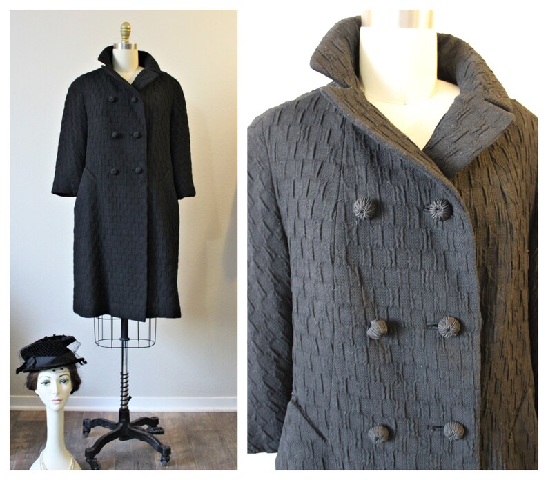 1950s Coat / Vintage 50s Forstmann Double Breasted Black waffle weave Wool Coat warm // US 0 2 4 6 xs s image 1