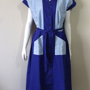 1940s 50s Cotton Dress Volup Blue cotton Eyelet Color Block Vtg sz 20 Atomic New Old Stock // US 10 12 14 large XL image 3