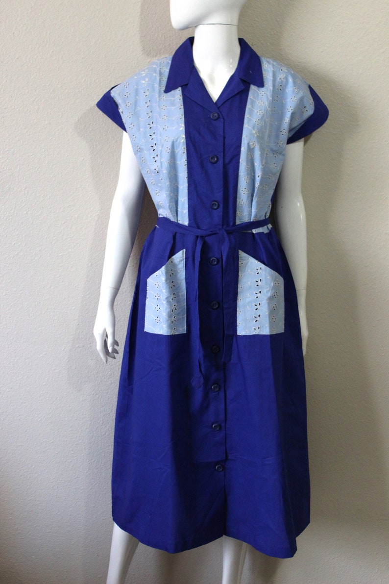 1940s 50s Cotton Dress Volup Blue cotton Eyelet Color Block Vtg sz 20 Atomic New Old Stock // US 10 12 14 large XL image 3